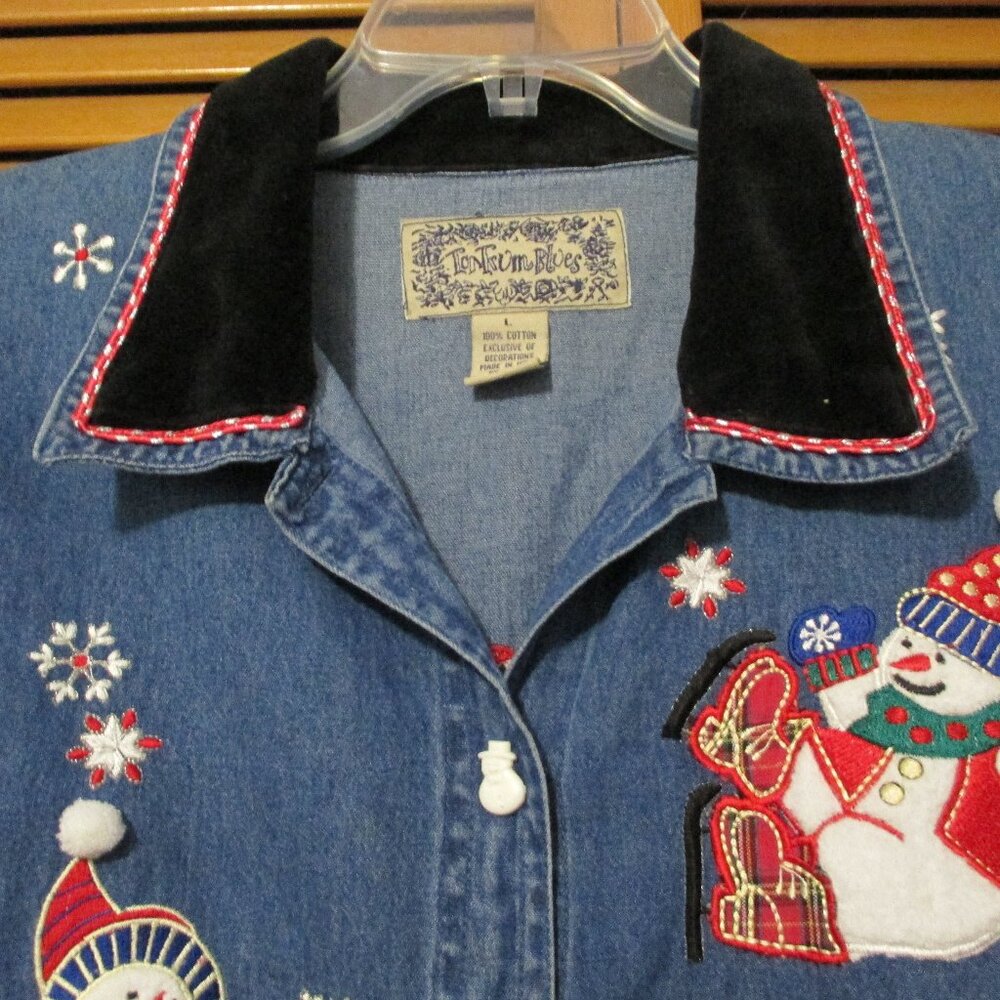 Tantrums Vintage top denim Christmas snowmen - Picture 3 of 11
